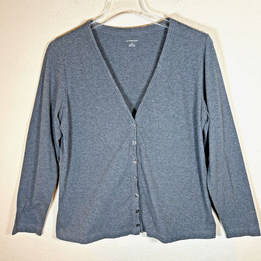Lands End Womens Large Gray Cotton V-Neck Button Front Cardigan Sweater